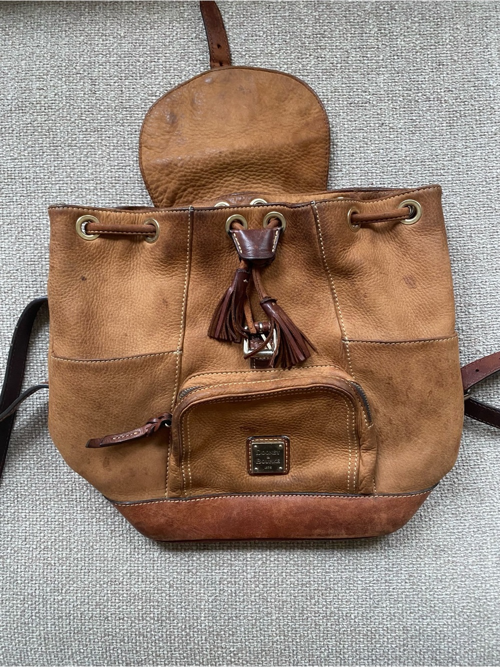 Vintage Dooney & Bourke Tan and Dark Brown Leather Backpack - Picture 2 of 7